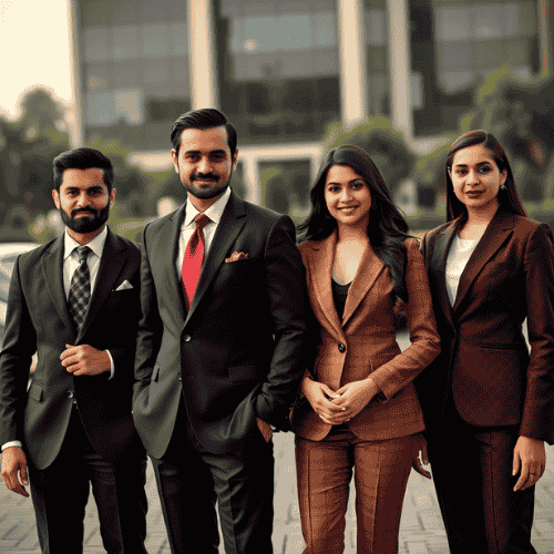Ladies and gentlemen wearing corporate blazers in front of an office building