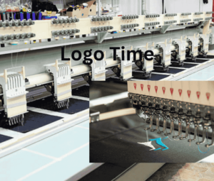 Embroidery machine stitching school and college logos on fabric