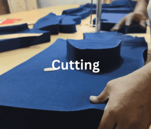 Marking navy blue wool fabric with pre-sized cardboard template
