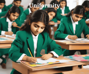 Students in bottle green blazers attending a lecture in a classroom